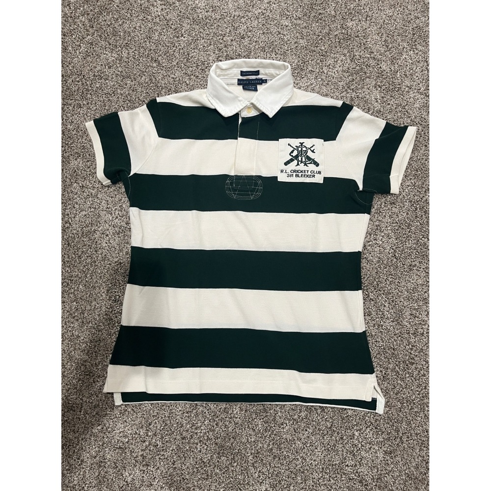 Ralph Lauren Kids XL Skinny Polo Shirt Green White Striped Cricket Club 21 Rugby